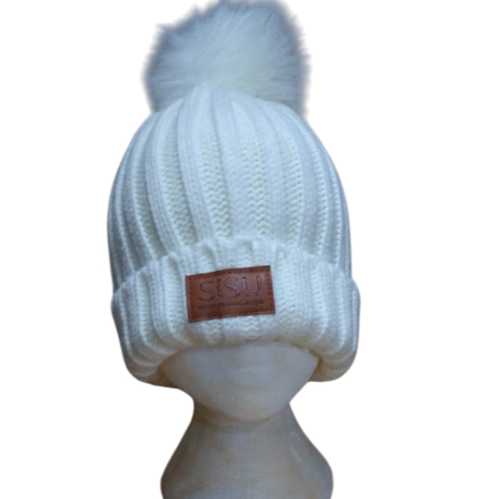 White Knit Pom-Pom Beanie New Condition